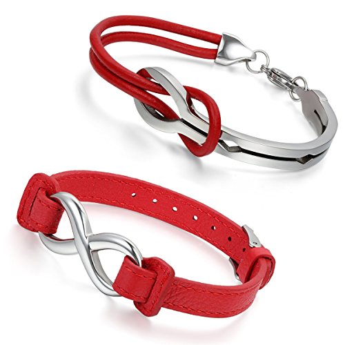 Aroncent 2 PCS Herren Damen Armband, Lieben Infinity Unendlichkeit Zeichen Charms Armreif, Leder Echtleder Edelstahl, Rot von Aroncent