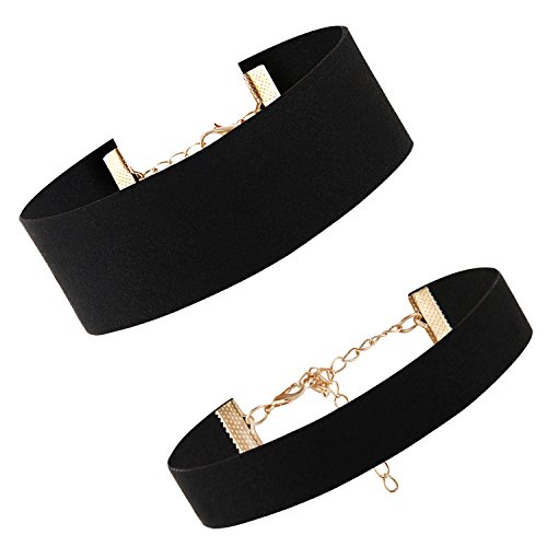 Aroncent 2 Stück Damen breit Hoker Halskette Velvet Choker Halsketten Tattoo Punk Gothic Halsband mit Gold Kette, Schwarz von Aroncent