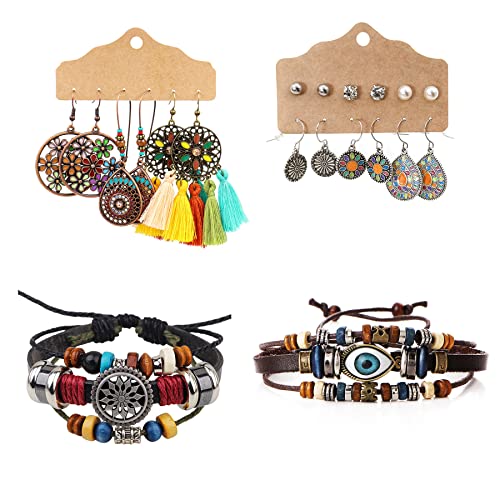 Aroncent 20PCS Schmuck Set für Damen Mädchen Vintage böhmischen Ohrring mit Kreise Wassertropfen Quasten Türkis, Sonne Mond Halskette, Türkis Ring (9 Paar Ohringe + 2 Armbänder) von Aroncent