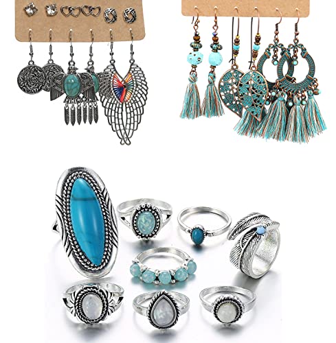 Aroncent 26PCS Schmuck Set für Damen Mädchen Vintage böhmischen Ohrring mit Kreise Wassertropfen Quasten Blätter Türkis, Sonne Mond Halskette, Türkis Ring (9 Paar Ohringe + 8 Ringe) von Aroncent