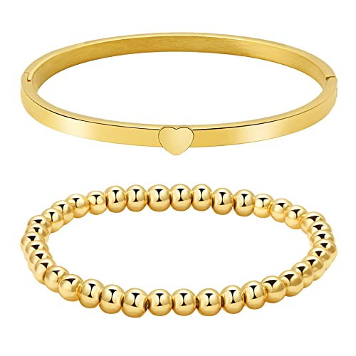 Aroncent 2PCS Armband Set Edelstahl Armband Herz Perle Armband Poliertes Armband Armreif Wickelarmband Gold von Aroncent