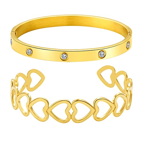 Aroncent 2PCS Edelstahl Armband Set - Herz Zirkon, Poliertes Armreif, Wickelarmband in Gold Aroncent 2PCS Edelstahl Armband Set - Herz Zirkon, Poliertes Armreif, Wickelarmband in Gold von Aroncent
