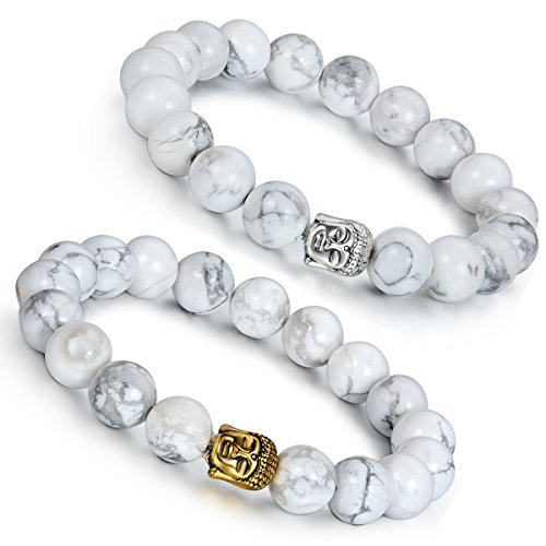 Aroncent 2PCS Herren Damen Armband, 10mm Breite Silber Gold Buddha-Kopf Gebet Mala Kugel Perle EnergieStein Armreif Armschmuck Handgelenk, Weiss Howlite Türkis Metalllegierung von Aroncent