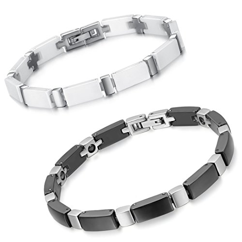 Aroncent 2PCS Herren Damen Armband, Exquisit Glänzend Rechteck Link Biker Armreif, Keramik Edelstahl Partnerarmband Freundschaftsarmband, Schwarz Silber Weiss von Aroncent