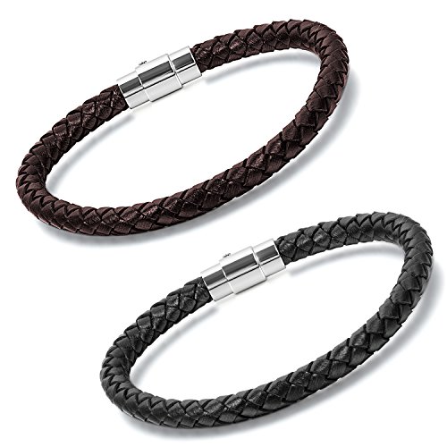 Aroncent 2PCS Herren Damen Armband, Geflochten Lederarmband Armreif Armschmuck Handgelenk mit Edelstahl Magnet Verschluss, 9in. Schwarz Braun von Aroncent