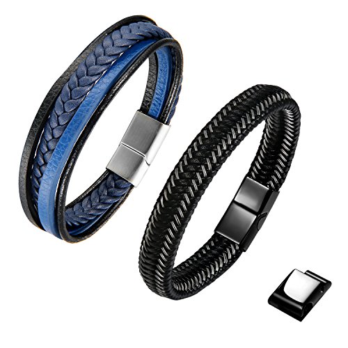 Aroncent 2PCS Herren Leder Armband Set Geflochten Armband Armreif Manschette mit Edelstahl Magnetverschluss, Schwarz Blau Silber von Aroncent