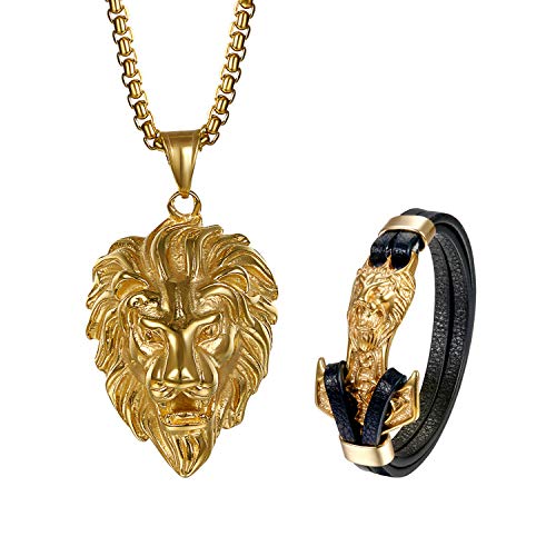 Aroncent 2PCS Herren Löwe Schmuck-Set (Halskette + Armband), Edelstahl Löwenkopf Biker Anhänger mit 55cm Kette und Thors Hammer Leder Armband, Gold Schwarz von Aroncent