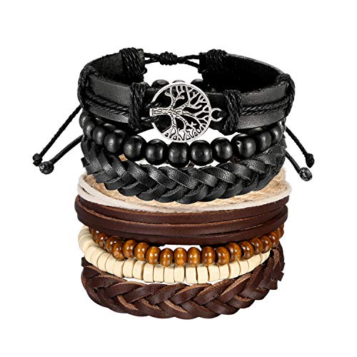 Aroncent 2PCS Unisex Armbänder Set Baum des Lebens Holz Kugel Perlen geflochten Leder Armband Armreif Wickelarmband Surferarmband Einstellbar für Herren Damen, Schwarz Braun Aroncent 2PCS Unisex Armbänder Set Baum des Lebens Holz Kugel Perlen geflochten Leder Armband Armreif Wickelarmband Surferarmband Einstellbar für Herren Damen, Schwarz Braun von Aroncent