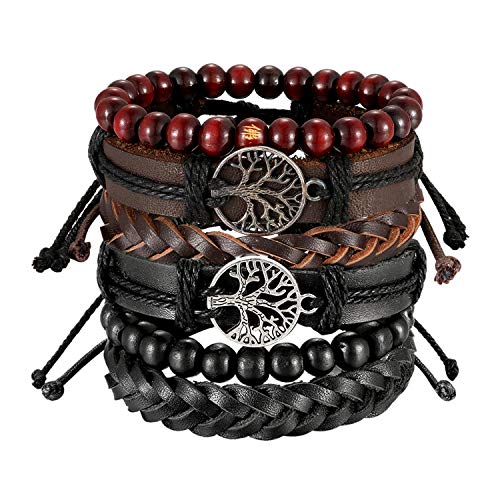 Aroncent 2PCS Unisex Armbänder Set Retro Baum des Lebens Holz Kugel Perlen Gebetskette geflochten Leder Armband Armreif Wickelarmband Einstellbar für Herren Damen, Schwarz Braun von Aroncent