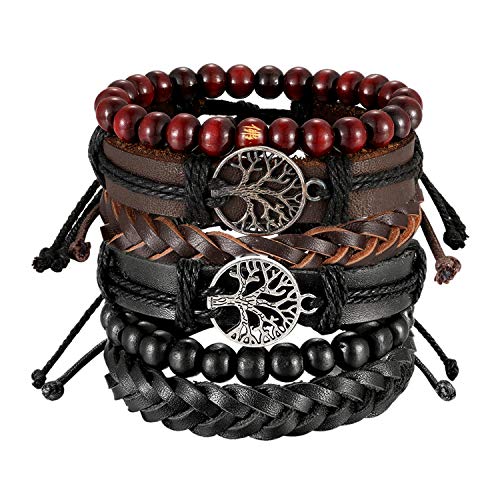 Aroncent Unisex Lebensbaum Leder Armband: 2PCS Retro Baum des Lebens Armbänder Set Holz Kugel Perlen Gebetskette geflochten Lederarmband Armreif Wickelarmband für Herren Damen Schwarz Braun von Aroncent
