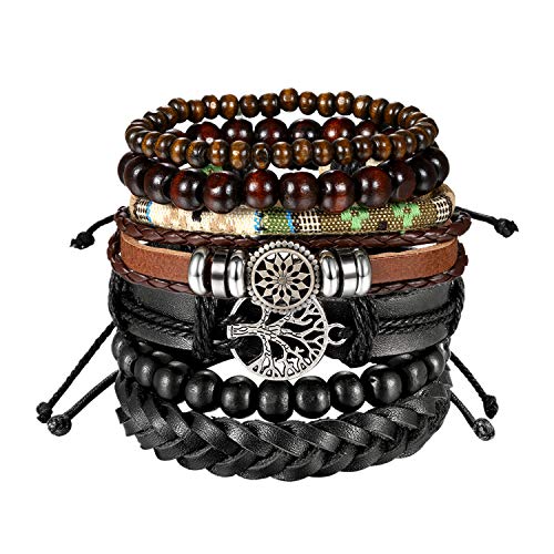 Aroncent 2PCS Unisex Armbänder Set Retro Baum des Lebens Sonnenblume Holz Kugel Perlen geflochten Leder Armband Armreif Wickelarmband Einstellbar für Herren Damen, Schwarz Braun von Aroncent