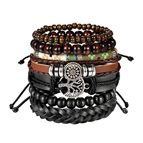 Aroncent Unisex Lebensbaum Leder Armband Set: 2PCS Retro Baum des Lebens Sonnenblume Holz Kugel Perlen geflochten Lederarmband Armreif Wickelarmband Einstellbar für Herren Damen Schwarz Braun von Aroncent