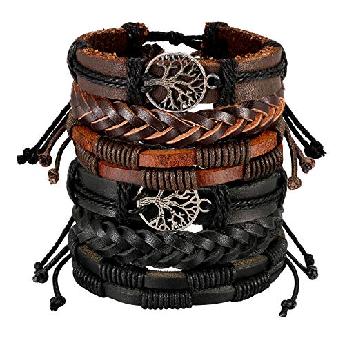 Aroncent Unisex geflochten Leder Armbänder: 2PCS Retro Baum des Lebens Stammes Tribal geflochten Lederarmband Armreif Wickelarmband Einstellbar für Herren Damen Schwarz Braun von Aroncent