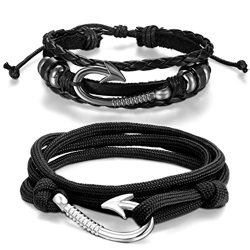 Aroncent 2PCS Wickel Armband für Herren und Damen, Geflochten Vintage Angelhaken Haken Edestahl Lederarmband Armreif Armschmuck, Schwarz von Aroncent