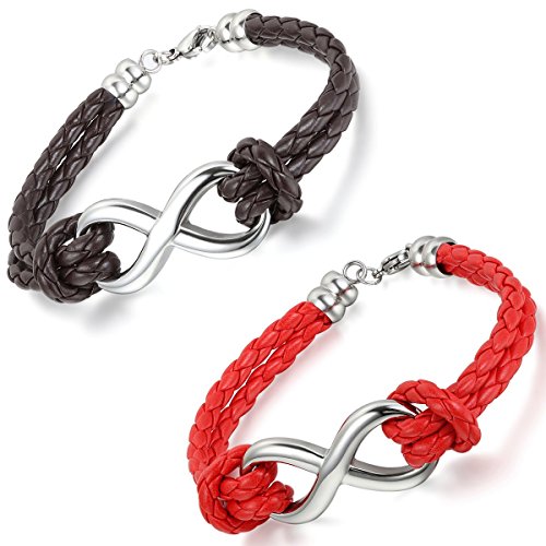 Aroncent Damen Herren Armband Infinity: 2 PCS Charms Armreif Lederarmband Unendlichkeit Edelstahl Armkette Geflochtenes Armband Schwarz Rot von Aroncent