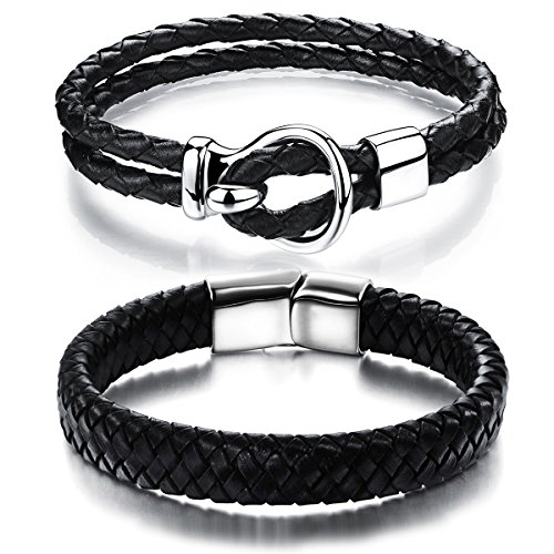 Aroncent 2er Herren Armband Schwarz Lederarmband Vintage Armreif Leder Wickelarmband Partnerarmbänder Edelstahl Armband Geflochtenes Armkette für Herren, Schwarz, Silber von Aroncent