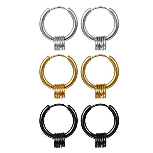 Aroncent 3 Paar Creolen Set Edelstahl Ohrringe mit klein Ring Kreis Huggie Ohr Piercing für Herren Damen, Schwarz Gold Silber, Durchmesser 19mm von Aroncent