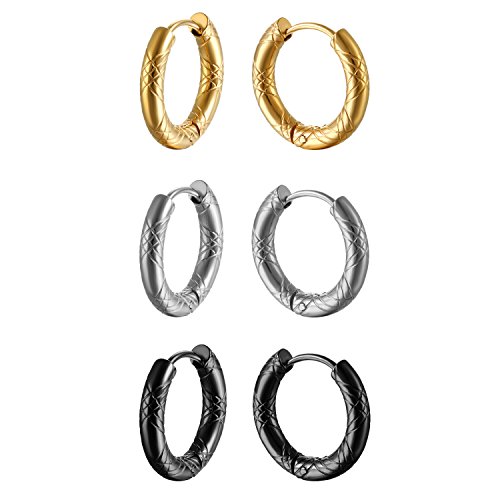 Aroncent 3 Paar Creolen Set Edelstahl Streifen Kreis Huggie Ohrringe Ohr Piercing für Herren Damen, Schwarz Gold Silber, Durchmesser 18mm von Aroncent