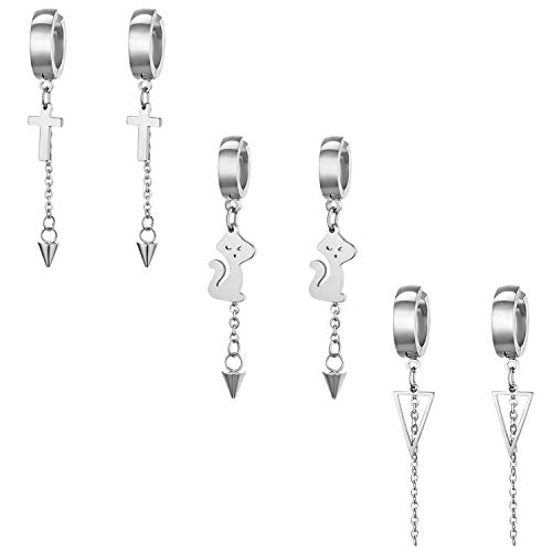 Aroncent 3 Paar Damen Ohrringe Creolen Ohrstecker mit Kreuz, Katze, Triangel und Kette Ohrhänger Edelstahl Huggie Ohr Piercing von Aroncent