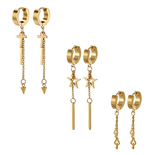 Aroncent 3 Paar Damen Ohrringe Set Edelstahl Creolen mit Kreuz, Stern, Schlüssel und Kette Ohrhänger Huggie Ohr Piercing Gold von Aroncent