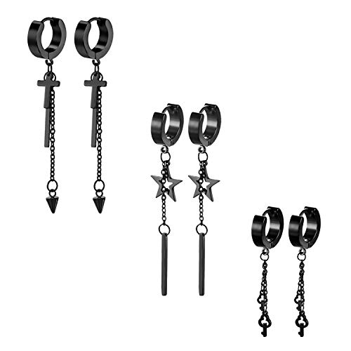 Aroncent Creolen Ohrringe Anhänger Set: 3 Paar Edelstahl Damen Herren Creolen Ohrstecker mit Kreuz Stern Schlüssel und Kette Ohrhänger Huggie Ohr Piercing Schwarz von Aroncent