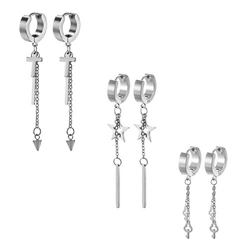 Aroncent 3 Paar Damen Ohrringe Set Edelstahl Creolen mit Kreuz, Stern, Schlüssel und Kette Ohrhänger Huggie Ohr Piercing Silber Aroncent 3 Paar Damen Ohrringe Set Edelstahl Creolen mit Kreuz, Stern, Schlüssel und Kette Ohrhänger Huggie Ohr Piercing Silber von Aroncent