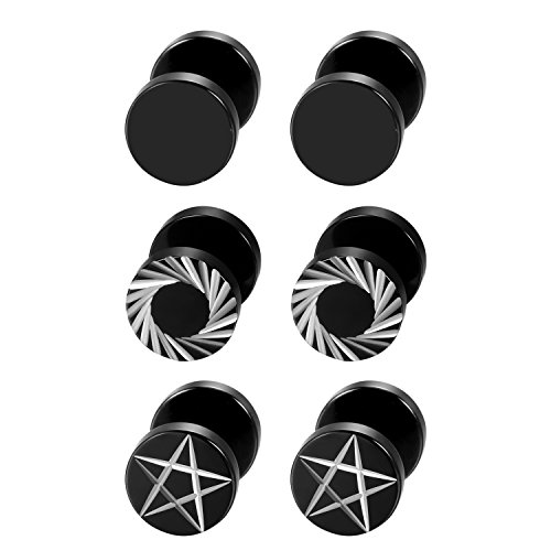 Aroncent 3 Paar Herren Ohrstecker Set Edelstahl Wirbel Spirale Stern Poliert Schwarz Runde Kreis Ohrringe Fake Plugs Tunnel Ohr Cheater Ohr-Piercing von Aroncent