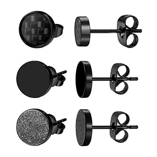 Aroncent 3 Paar Herren Runde Ohrstecker Set Edelstahl Kohlenstoff Faser poliert sandgestrahlt gebürstet Ohrringe Ohr Piercing, Schwarz, Durchmesser 6mm von Aroncent