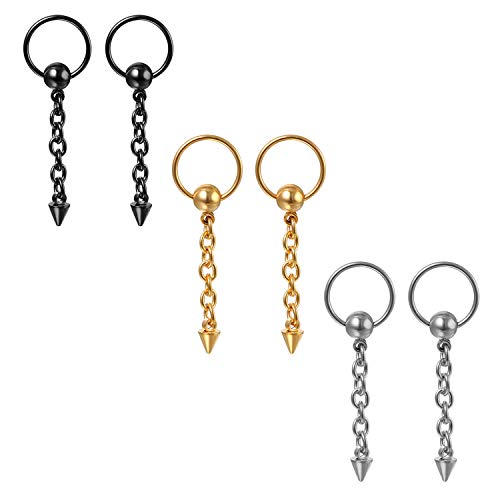 Aroncent 3 Paar Kette Spike Creolen Ohrringe Set Edelstahl Huggie Ohr Manschette Ohrhänger Piercing für Herren Damen, Schwarz Gold Silber von Aroncent