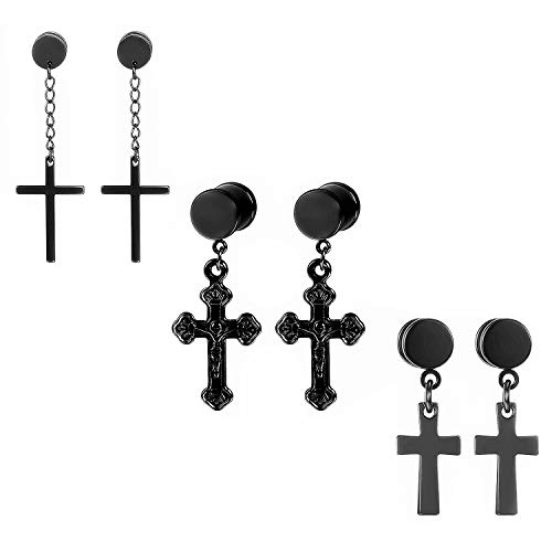 Aroncent 3 Paar Kreuz Ohrringe Set Edelstahl Jesus Christus Kruzifix Fake Plugs Tunnel Ohrstecker Ohrhänger Ohr-Piercing Schwarz für Herren Damen von Aroncent