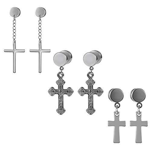 Aroncent 3 Paar Kreuz Ohrringe Set Edelstahl Jesus Christus Kruzifix Fake Plugs Tunnel Ohrstecker Ohrhänger Ohr-Piercing Silber für Herren Damen von Aroncent