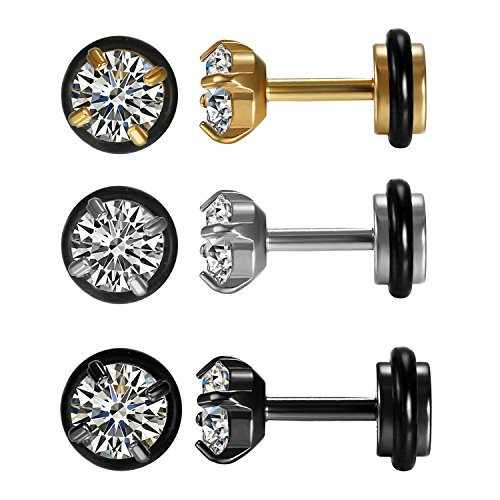 Aroncent 3 Paar Unisex Ohrstecker Set 5mm Breit Klassische Edelstahl Zirkonia Runde Kreis Ohrringe Ohr Piercing Geschenk für Herren Damen Schwarz Gold Silber von Aroncent