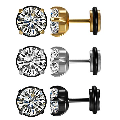 Aroncent 3 Paar Unisex Ohrstecker Set 7mm Breit Klassische Edelstahl Zirkonia Runde Kreis Ohrringe Ohr Piercing Geschenk für Herren Damen Schwarz Gold Silber von Aroncent