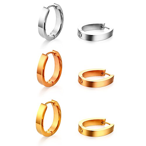 Aroncent 3 Paare Damen Creolen Ohrringe Set, Edelstahl poliert schmale Huggie Hoop Klapp-Creolen Ohrhänger Ohrstecker mit Klappverschluss Ohr Piercing, Gold Rosegold Silber von Aroncent