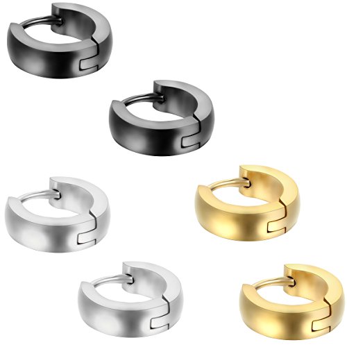 Aroncent 3 Paare Herren Damen Ohrringe, Creolen Ohrstecker, Edelstahl, Silber Schwarz Gold von Aroncent