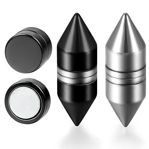 Aroncent 3 Paare Herren Ohrstecker Ohrringe Fake Plug Fakeplugs Tunnel,Edelstahl mit Magnet Ohne Loch Kein Lock, Gewehrkugel Niete Rund Kugel, Silber Schwarz von Aroncent