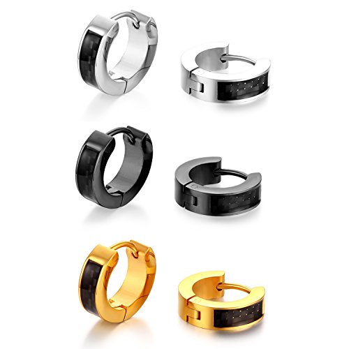 Aroncent 3 Paare Klassische Creolen Ohrringe Set, Edelstahl Kohlenstoff Faser Huggie Hoop Klappcreolen Ohrhänger Ohrstecker mit Klappverschluss Ohr Piercing für Herren Damen, Gold Schwarz Silber von Aroncent