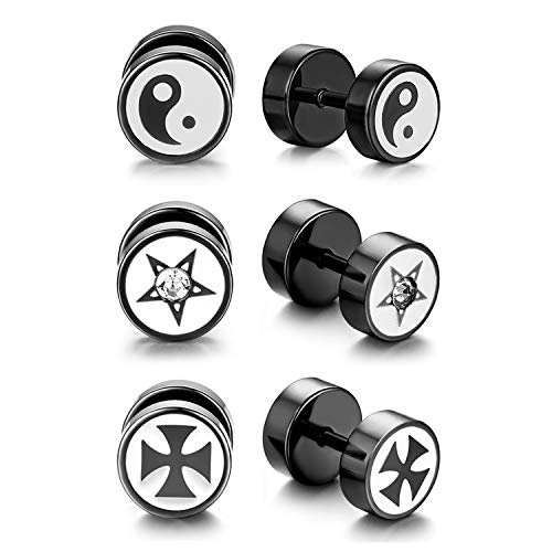 Aroncent 3 Paare Ohrstecker Ohrringe Ohrschmuck Fake Plug Strass Glitzer Stern Yin Yang Thor's Hammer Piercing Tunnel Fakeplugs 8mm von Aroncent