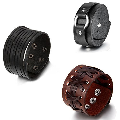 Aroncent 3PCS Herren Damen Armband, Punk Rock Ring Kreis Einstellbar Verstellbar Breit Armreif Manschette Partnerarmband, Legierung Leder, Schwarz Braun von Aroncent