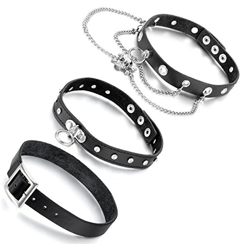 Aroncent Herren Damen Choker Kette: 3PCS Leder Legierung Rock Punk Schädel Ring Kreis Nieten Choker Halsband Halskette Verstellbar Schwarz Silber von Aroncent