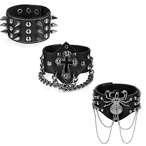 Aroncent 3PCS Herren Leder Armband Set, Punk Rock Groß Breit verstellbare Manschette Druckknopf Kette Armreifen mit Spinne, Spike Nieten und Kreuz, schwarz Silber von Aroncent