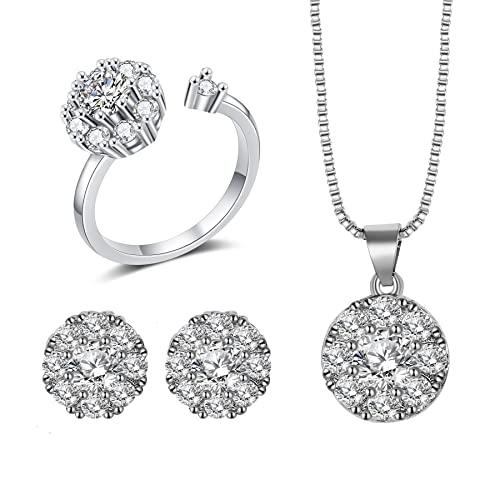 Aroncent 3PCS Ring Halskette Ohrringe mit Zirkonia schwenken Entspannung für Damen Mädchen, Silber von Aroncent