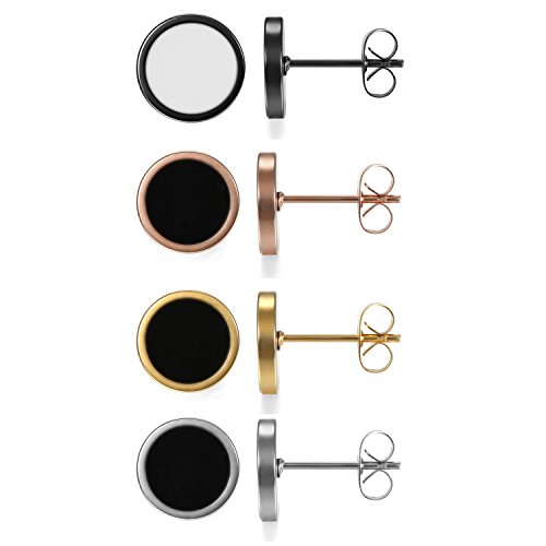 Aroncent 4 Paar Unisex Ohrstecker Set Klassische 10mm Edelstahl Emaille Runde Kreis Ohrringe Ohr Piercing Geschenk für Herren Damen, Schwarz Gold Rosegold Silber von Aroncent