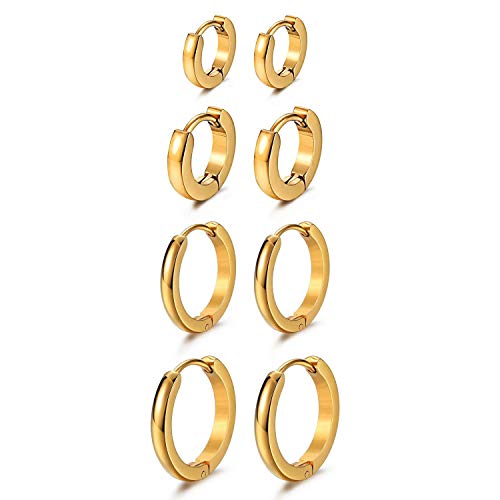 Aroncent Runde Ohrringe Creolen Set: 4 Paare Damen Herren Creolen Ohrringe Set Edelstahl Poliert Ohrstecker Unisex Huggie Hoop Ohrschmuck Ohr Piercing 7-14mm Schwarz Gold Silber von Aroncent