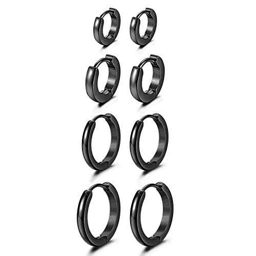 Aroncent 4 Paare Creolen Ohrringe Set Edelstahl Poliert Ohrstecker Unisex Huggie Hoop Ohrschmuck Ohr Piercing 7-14mm Schwarz Gold Silber von Aroncent