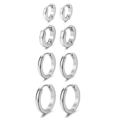Aroncent 4 Paare Creolen Ohrringe Set Edelstahl Poliert Ohrstecker Unisex Huggie Hoop Ohrschmuck Ohr Piercing 7-14mm Schwarz Gold Silber von Aroncent