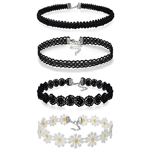 Aroncent 4 Stück Damen Hoker Halskette Spitze Choker Halsketten Tattoo Punk Gothic Halsband, Schwarz Weiss von Aroncent