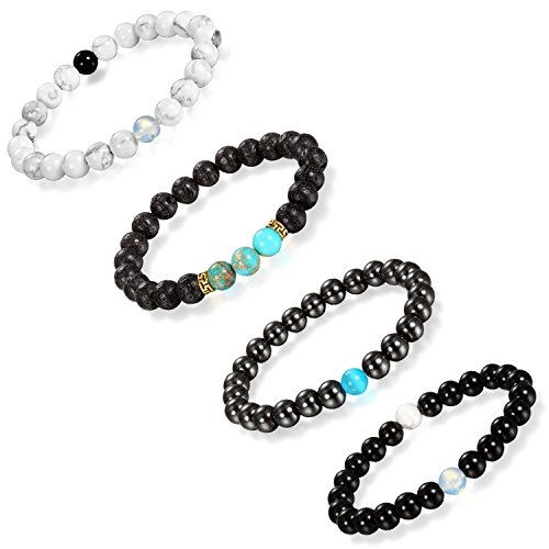 Aroncent 4PCS Herren Damen Buddha Armband, 8MM Breite Energietherapie EnergieStein Kugeln Perlen Gebet Mala Stretch Energiearmband, Schwarz Weiss Blau von Aroncent