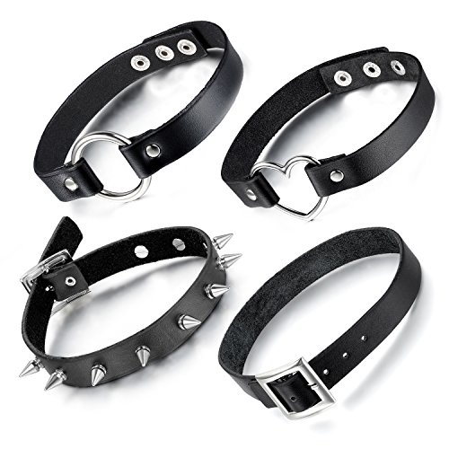 Aroncent Herren Damen Choker Lederkette: 4 PCS Exquisit Spike Herz Ring Kreis Lederhalskette Lederhalsband Verstellbar Schwarz Silber von Aroncent