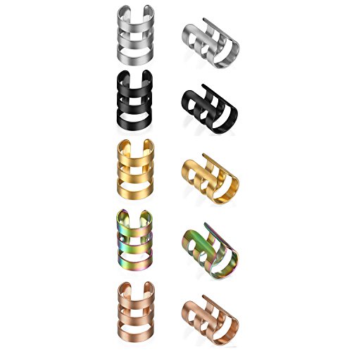 Aroncent 5 Paar Non-Piercing Ohrclips Ohrringe Set Edelstahl 3 Reihen Streifen Poliert Ohrklemme Ohr Klammern Ear Cuff Fake Piercing Ohne Loch für Damen Herren, Silber Gold Rosegold Schwarz Farbig von Aroncent